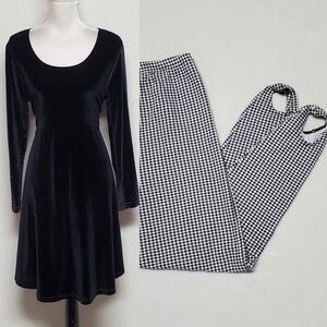 Vintage 80s Motherhood Black Velvet Tie-Waist Dress Houndstooth Stirrup Pant Set